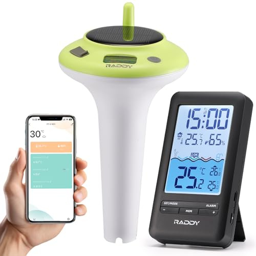 Raddy PT-5 WiFi con App Termómetro de Piscina, Sensor de Temperatura Flotante Inalámbrico y Pantalla Interior, Termómetro Digital IPX8, Carga Solar y USB-C para Jacuzzi, Spa, Estanque, Acuario