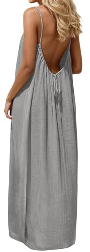 Vestido Mujer Verano Vestidos Casual con Espalda Descubierta Elegante Escote Redondo Vestido Largo de Tirantes Finos Sin Manga Ligero Fresco Bohemio Vestidos Amplio para Playa Casa Vacaciones