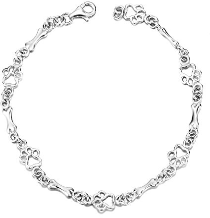 Silver Mountain, Armband aus 925er Sterlingsilber, Pfotenabdruck und Knochen für Hundeliebhaber, 19 cm