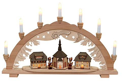 Dekohelden24 Schwibbogen Buchenholz, Motiv: Seiffener Bergmannsaufzug mit beleuchteten Häusern, 10 flammig, Breite 57 cm x Tiefe 9 cm x Höhe 38 cm