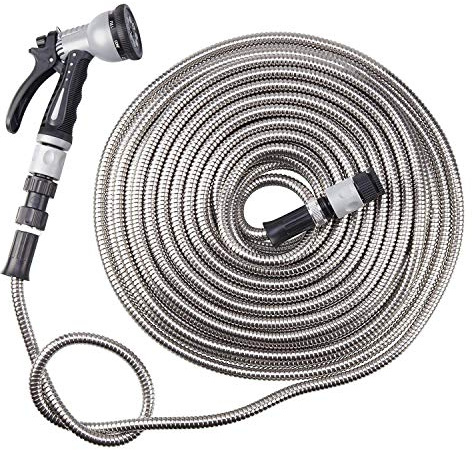 Garden Gear Easy Hose Stainless Steel Garden Water Hosepipe Rust Proof & Tangle Free with Hand Held Spray Nozzle (75ft)