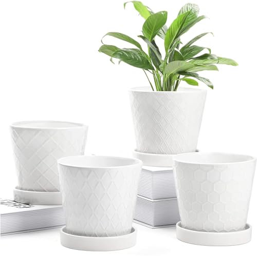 BUYMAX, Vasi per piante da interni, vaso da fiori in ceramica da 12,7 cm, con foro di drenaggio e vassoio in ceramica, per giardinaggio, casa, scrivania, ufficio, davanzale, regalo, set da 4, piante