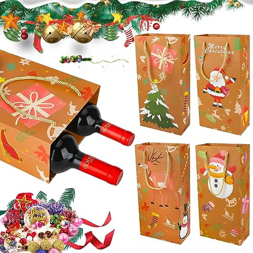 Gift Bags Christmas -Bottle Bag Gift Christmas,Double Bottle Gift Bag Xmas with Handle, 4Pcs Xmas Gift Bags for Wine, Whiskey,Spirit