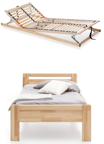 WOODLIVE DESIGN BY NATURE Massivholz-Bett aus Kernbuche inkl. verstellbarem Lattenrost, als Seniorenbett geeignet, in Komforthöhe, geöltes Einzel- und Komfortbett mit Kopfteil (100 x 200 cm)