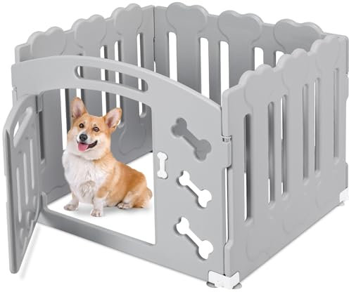 Welpenauslauf 60cm Hoch, Laufstall Hund 3+1 Platten, Plastik Welpenlaufstall, Faltbare Hundegitter, Wetterfest Hundezaun mit Tor, Inkl. Saugnäpfe & Erdanker, Hundekäfig für Zuhause und Outdoor, Grau