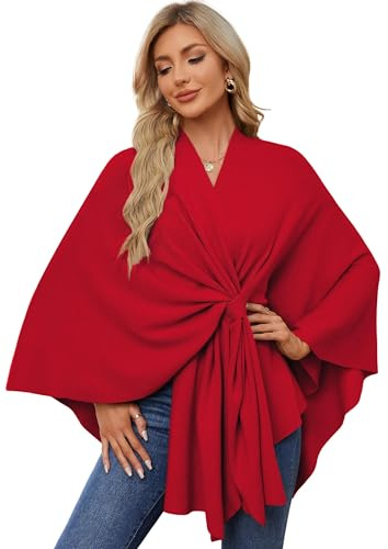 PULI Poncho Élégant pour Femme - Ponchos en Tricot - Capes - Ouverture Avant - Polyvalent - Écharpe à Enrouler avec Languette, rouge, taille unique