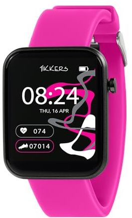 Tikkers Kids Series 13 Smartwatch mit Fitness-Tracker, Wecker, Kamera, GPS-Anschluss, Pulsmesser, Schrittzähler, Touchscreen, Rosa Silikonarmband