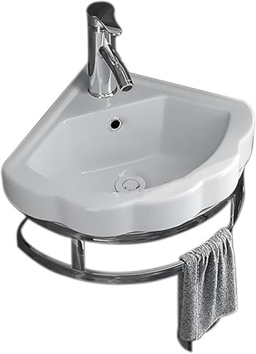 Freestanding Utility Wash Basin Corner Bathroom Sink Wall Mounted Ceramic Washbasin White Porcelain Ceramic Sink with Faucet Drainer Towel Bar for Small espa