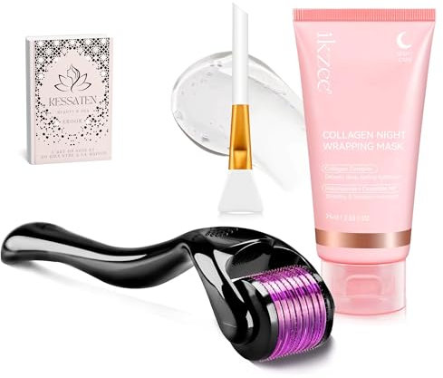 Dermaroller Visage & Cheveux+Masque Collagène et EBOOK inclus, 540 Micro-aiguilles 0,5mm, Rouleau de Beauté pour Stimulation du Collagène, Soins Anti-âge, Skin Care, Répare Peau Lisse et Eclatante