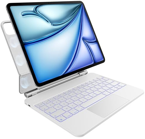Clavier pour iPad Air 13 pouces (M3 2025 / M2 2024) et iPad Pro 12,9 (6e, 5e, 4e, 3e génération), Rétroéclairage 7 Couleurs, Pavé Tactile Multi-Touch, Conception Magnétique Flottante, AZERTY, Blanc