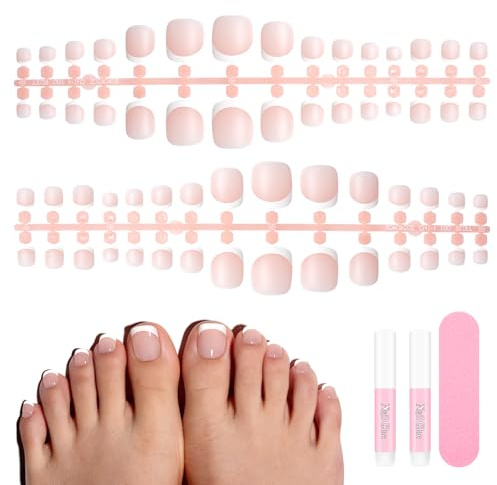 TOMICCA French False Toenails Set, 150 Pcs Nude Pink Long False Toe nails with Nail Glue and Strip, 12 Sizes Full Cover Artificial Feet Nail Tips for Women Nail Art