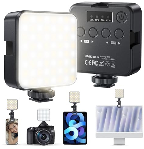 MAGIC JOHN Selfie Light with Phone Clip, Portable Photography Lighting, 1200mAh Rechargeable, CRI 95+, 2500K-9000K, 4 Light Modes, 3 Cold Shoe Mount for TikTok Live, Zoom Meetings, Video Recording