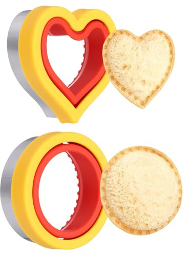 sourcing map 2 Pcs Sandwich Cutter and Sealer, Cute Cookie Cutters, Sandwich Maker Bread Decruster Lunch Accessories Heart Round Shape for Lunchbox DIY Cookie Lunch Bento Gift, Red/Yellow