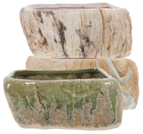 GALPADA Set da 3 Vasi Rettangolari in Ceramica Effetto Pietra per Piante Grasse e Bonsai, Vaso Profondo con Drenaggio, Fioriera Decorativa per Interni, Ufficio e Giardino
