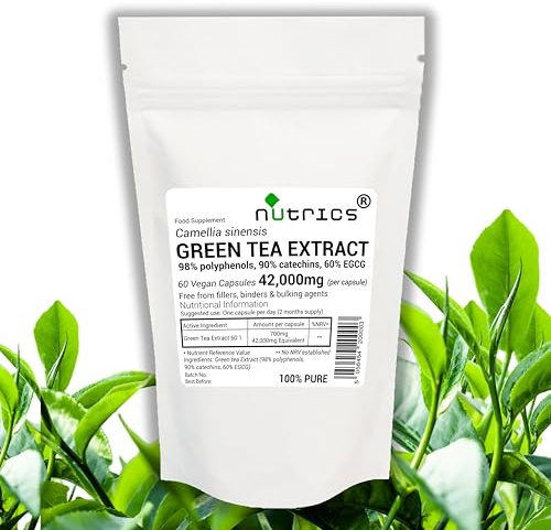 Nutrics® 42,000mg (per Capsule) Green Tea Extract 60 Vegan Capsules (2 Months Supply) 98% Polyphenols 90% catechins 60% EGCG 100% Pure