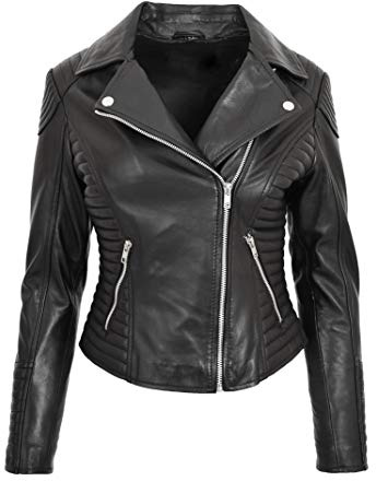 Chaqueta de motociclista de piel auténtica para mujer, con cremallera cruzada, corte entallado, estilo Anna, Negro, 38