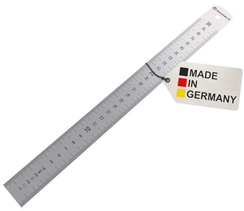 BAUHELD Regla de acero de 300 mm [fabricada en Alemania] – Clase de precisión 1 – Regla de metal en pulgadas y centímetros [30 cm] – Escala de acero inoxidable – Regla de 30 cm con orificio para