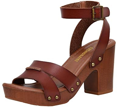 Dunes Sandra Faux Wood Block Womens Heels with Ankle Strap – Chunky Western Platform Sandals Women Comfort with Memory Foam, WHISKEY 9