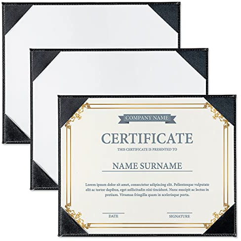 Fine Stationery Black Faux Leather Certificate Holders with Acrylic Easel Stand - 3-Pack, Holds 8.5x11'' Letter-Size Document Vertically or Horizontally, Professional Certificate Award Frame