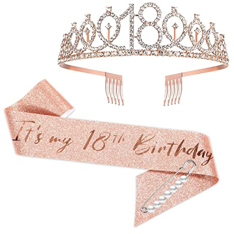 YongHang 18 Echarpe Anniversaire Fille Écharpe Décorative Et Diadème Or Rose 18E Anniversaire Cadeaux Couronne Pour Décorations De Fête D'Anniversaire