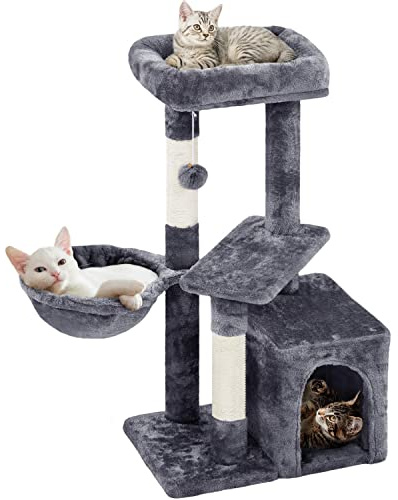 Yaheetech Kratzbaum 87 cm Katzenbaum Kletterbaum, mit Aussichtsplattform Liegemulde Katzenhöhle Sisalstämme, Dunkelgrau