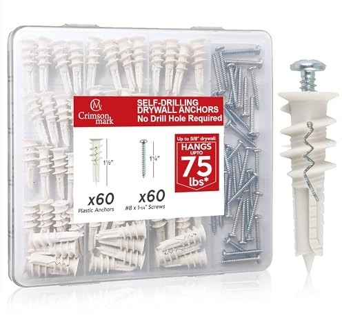 CrimsonMark 120Pcs #8 Self Drilling Drywall Anchors and Screws kit #8 x 1-1/4”- Superb Wall Anchors for Drywall, Holds Upto 75lbs – No Drill Hole Required with These Dry wall Screws and Anchors