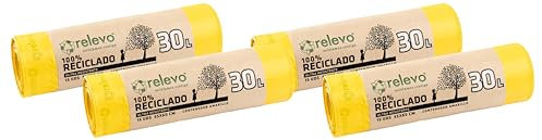 RELEVO 100% Reciclado Bolsas De Basura, Extra Resistentes 30 L, color Amarillo, 15 Unidad (Paquete de 4)