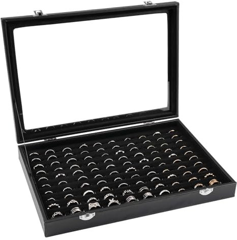 100 Slots Rings Organiser, Velvet Clear Lid Ring Holder, Ring Box Lockable, Dustproof Ring Storage for Women Girls, Display Jewellery Rings Storage Tray Case 13.58(L) X 9.52(W)