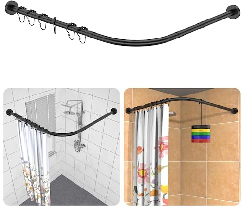 Asta Per Tenda Da Doccia A Forma Di L, 75-105×115-175 cm, Bastone Tenda Doccia Con 18 Anelli, Nero Opaco, Regolabile Tenda Doccia Angolare In Acciaio Inox 304, Senza Supporto A Soffitto, Per Bagno