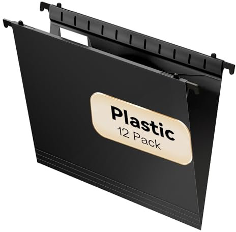 NORDUN Plastic Hanging File Folder Letter Size,12 Pack Reinforced Heavy Duty Hanging Folders,Sturdy File Cabinet Folders,Black Hanging File Folder with Tabs,Hanging Folders for Filing Cabinet