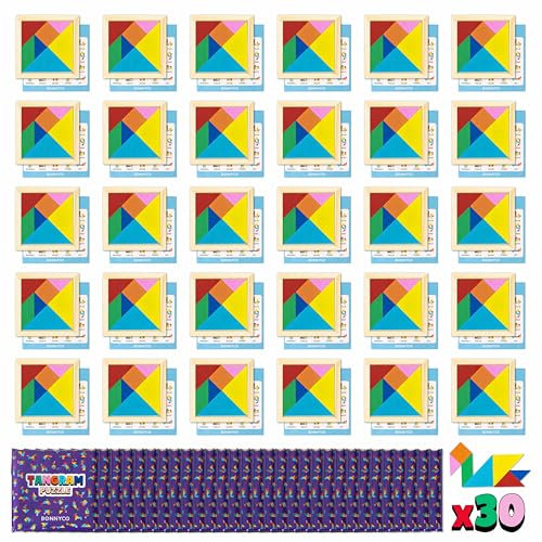 Tangram Legno Bambini Pack 30 Gadget Compleanno Bambini - BONNYCO | Mini Giochi Regalini Fine Festa Compleanno, Regalino Fine Festa Invitati, Persierini Giochini per Feste | Mini Puzzle Gadget Scuola