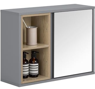SoBuy Pensile bagno con specchio Mobile salvaspazio Armadietto bagno da parete Grigio 60x20x45cm BZR149-DG