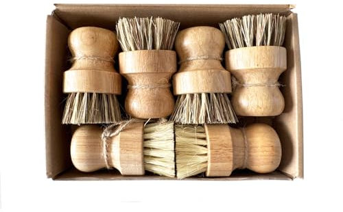 Bamboo Plam Brush Set, Palm and Sisal Pot Brush Set, Durable Wood Kitchen Dish Brush, Multifunctional Mini Cleaning Kit for Cleaning Pots, Dishes, Sinks, Fruits and Vegetables (6)