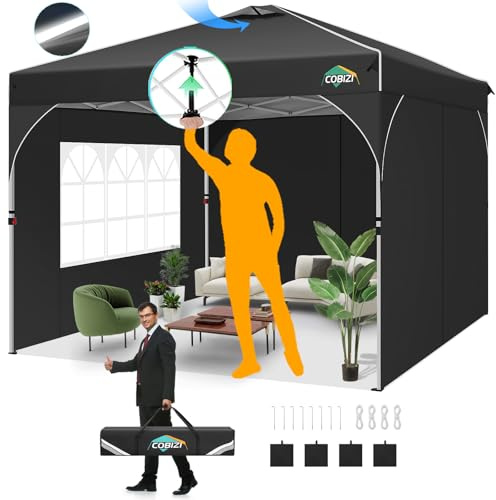 COBIZI Faltpavillon 3x3 Wasserdicht Stabil,EIN-Tasten-Zentralverriegelung,Partyzelt mit Entlüftung,Fluoreszierenden Streifen,3 Seitenteilen,4 Sandsack, Höhenverstellbar,Gartenzelt für Party,Schwarz