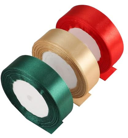 Ruban De Satin 22m X 25mm décoratif 3 Rouleaux, Large Noeud De Satin Ruban, Ruban Cadeau, Décoration Ruban pour l'artisanat, Mariage De Noël, Emballage Gâteau, Fête, Anniversaire (Rouge,Vert,Or)