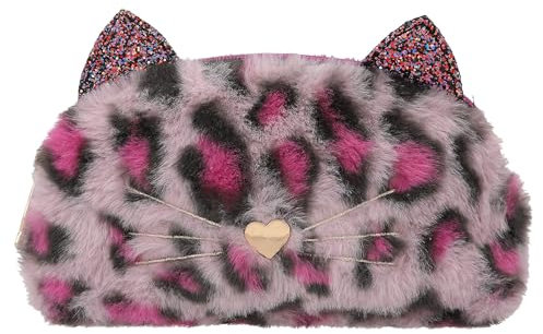 Depesche 13018 TOPModel Rebel Kitty - Schlampertasche aus Plüschfell in Lila, mit Leo-Optik und Glitzer, Federmappe mit Katzen Ohren und Herz-Nase