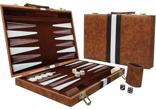 Backgammon Classico Per Adulti e Bambini - Set Con Coppe di Dadi in Pelle Premium e Schede Acrilico (Marrone, 15 Pollici)