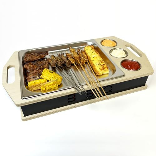 ALLILUYAA Fleischwarmhalter fürs Grillen, BBQ Board mit Edelstahl Schälchen, Umweltfreundliche Materialien, Grillgut Stövchen für Potlucks BBQ-Party Versammlungen(X)