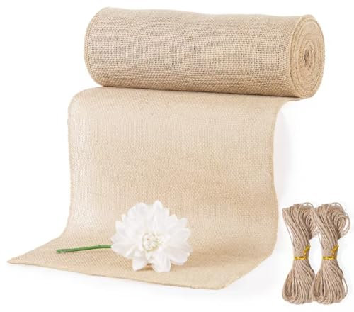 Jute Tischläufer Rolle 30cm x 10m, 100% Natur Juteläufer Schneidbar mit 20 m Jute-Schnur für Tisch, Hochzeitsdek, Bauernhaus Party, Kommunion, Rustikale Tisch Dekoration, DIY
