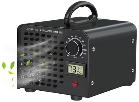 Upgrade ozongenerator 60 000 mg/h, luftrenare 120W för upp till 1200 ㎡ med digital display för temperatur och luftfuktighet, O3-ozonmaskin med 120 min timer – för hem, kontor och bil