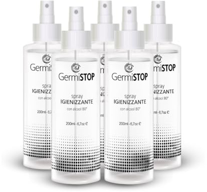 GERMISTOP Igienizzante Mani 5x200ml con Alcool 80% e Glicerina, Spray Igienizzante Superfici con Formula Potenziata