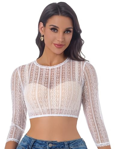 Adisno Women's Dirndl Blouse,Women's Lace Dirndl Blouse,Dirndl Blouses with V-Neck and Sexy Lace, White,18