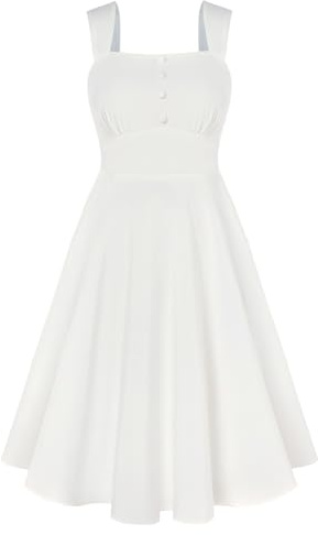Belle Poque Abito da donna con scollo quadrato, senza maniche, linea ad A, abito da festa, estivo, casual, swing, abito da sole, bianco, M