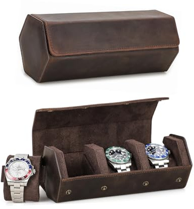 Hiram Leather Watch Case Genuine Leather Hexagon Watch box for 3 Watches, 3-Slot Watches Protective Storage Case Watch Organizer for Men (Coffee)