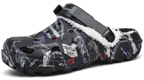 ihinzry Zuecos de jardín para hombre con forro polar cálido, zapatos de invierno para exteriores, antideslizantes, impermeables, correa ajustable, cómodos zuecos de trabajo, zapatos de taller, zapatos