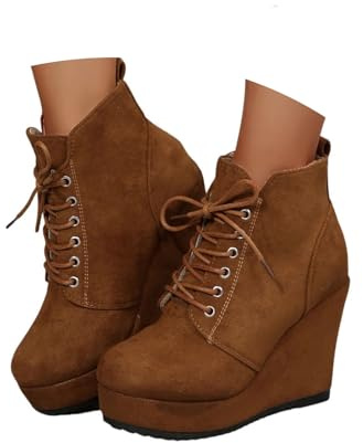Qgtxf Stivali con Tacco Cuneo per le Donne, Stivali in Camomile con Pizzo Scarpe da Abito Piattaforma Tacco Alto 10cm(Brown,42 EU)