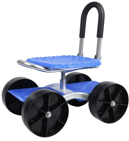 Siège de Travail Jardin Roulant avec roulettes – Tabouret Jardinage à Hauteur réglable pour Plantation, Chariot pivotant 360° siège, Plateau Rangement Outils, Chaise extérieur, Patio et Bleu