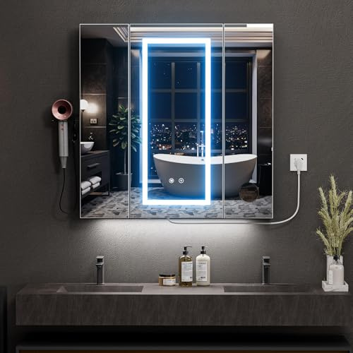 Ztexkee Armario Baño con Espejo LED iluminación y Función de Desempañadora Armario Baño Espejo de Pared con Enchufe, 3 Compartimentos Grandes y Soporte para secador de Pelo, 80x80x16 cm