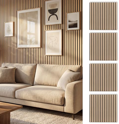 COSTWAY 4 Pack Acoustic Wall Panel, Sound Absorbing Panel for Wall, Wooden Decorative Sound Proofing Panels for Recording Studio Office Home (60 x 60 x 2cm/23.5 x 23.5 x 0.8”, 15 Slats)