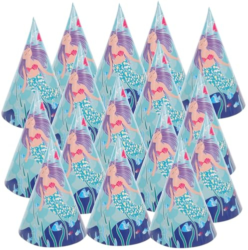 CORHAD 16 Pezzi Cappelli a Cono di Carta Tema Sirena, Cappelli da Festa Compleanno Colorati e Lucenti, Accessori per Feste di Compleanno e Mascherate